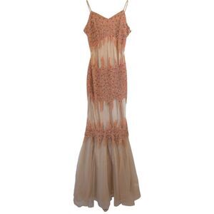 YVE London Luxury Heavy Beaded Mesh Mermaid Prom Maxi Gown Dress Small Apricot